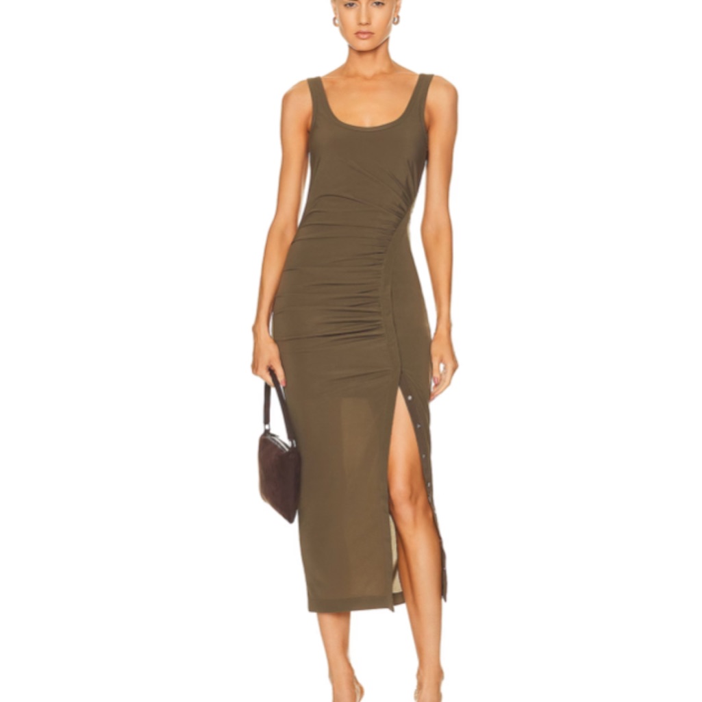 Helmut Lang Green Ruched Bodycon Midi Dress